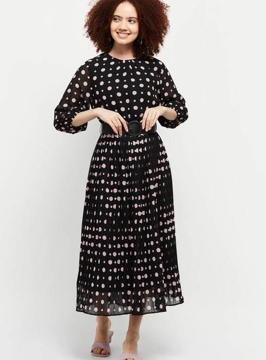 Women Polka-Dot Printed Three-Quarter Sleeves Midi Dress