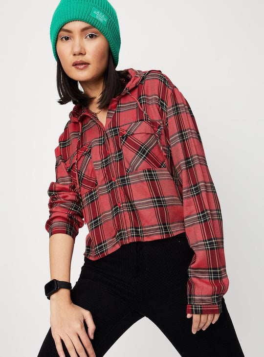 Women Checked Shirt with Hood