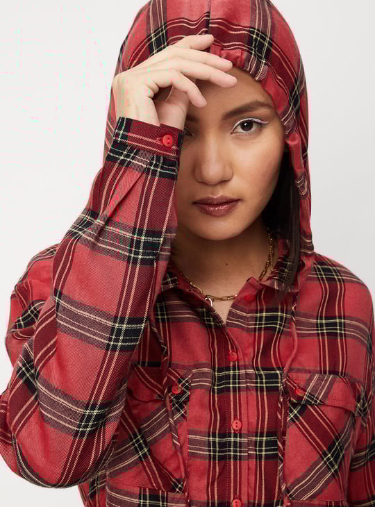 Women Checked Shirt with Hood