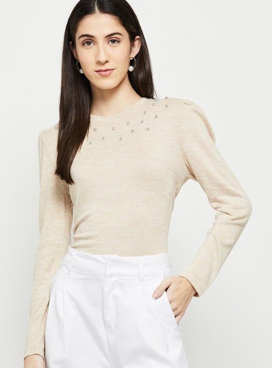 Women Stone Embellished Full Sleeves Knit Top