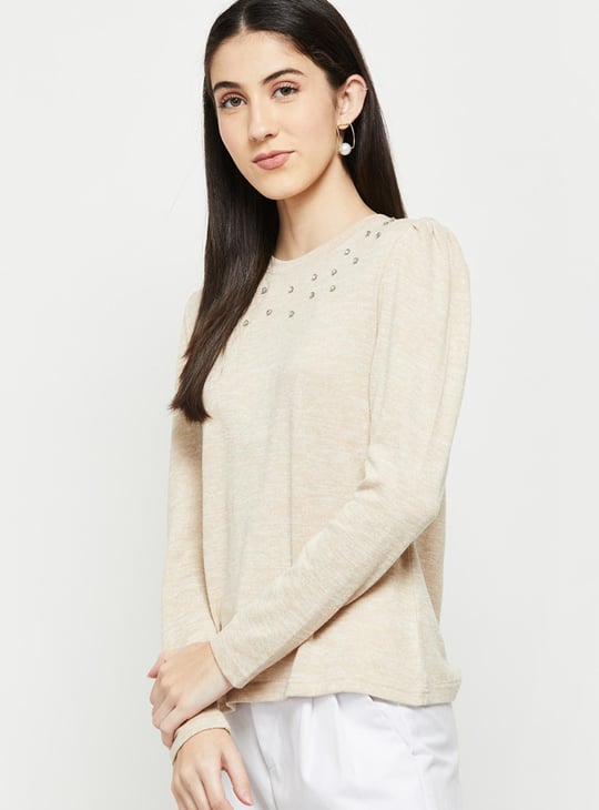 Women Stone Embellished Full Sleeves Knit Top
