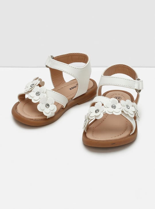 Girls Floral Appliqued Open-Toe Velcro Strap Closure Flat Sandals