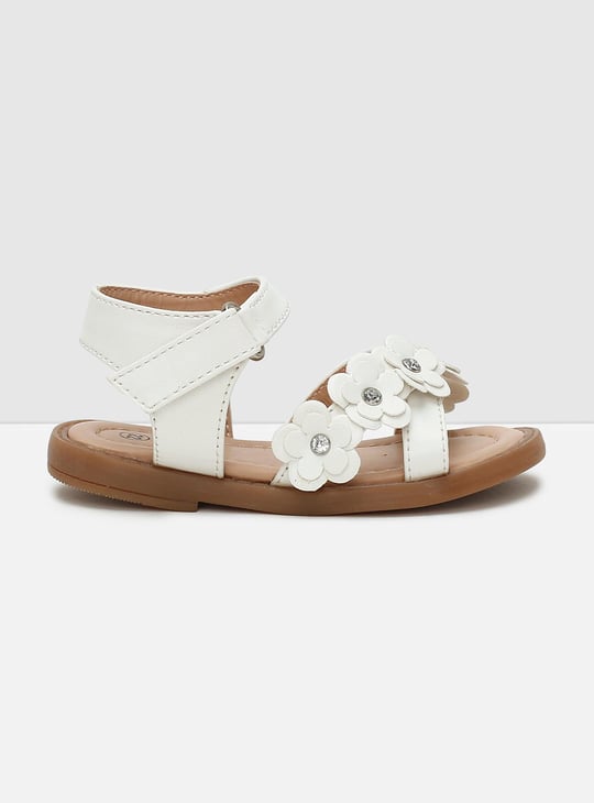 Girls Floral Appliqued Open-Toe Velcro Strap Closure Flat Sandals