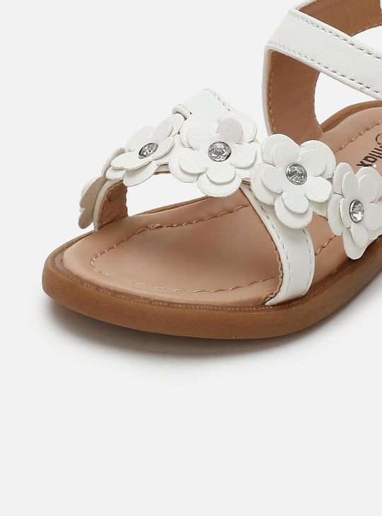 Girls Floral Appliqued Open-Toe Velcro Strap Closure Flat Sandals
