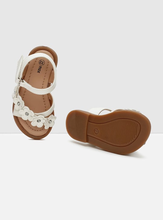 Girls Floral Appliqued Open-Toe Velcro Strap Closure Flat Sandals