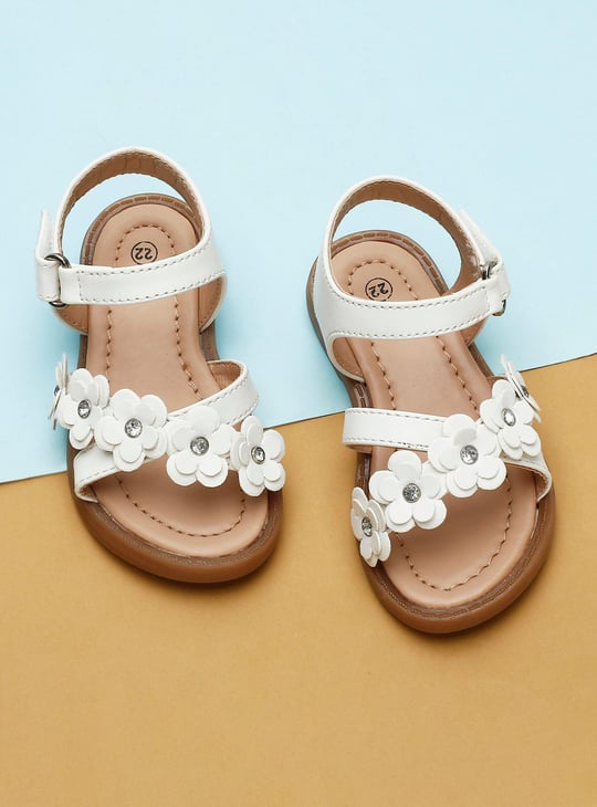 Girls Floral Appliqued Open-Toe Velcro Strap Closure Flat Sandals