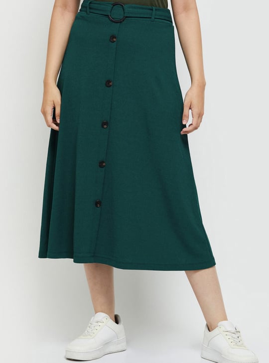 Women Solid Belted A-line Skirt