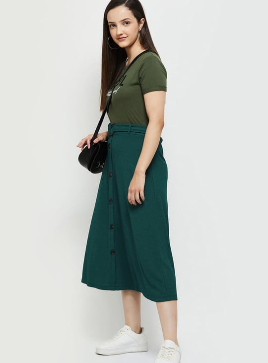 Women Solid Belted A-line Skirt