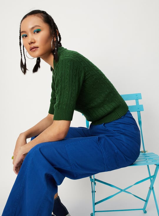 Women Cable Knit Polo Sweater Top