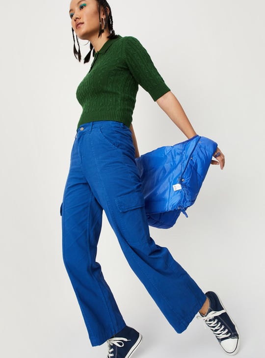Women Cable Knit Polo Sweater Top