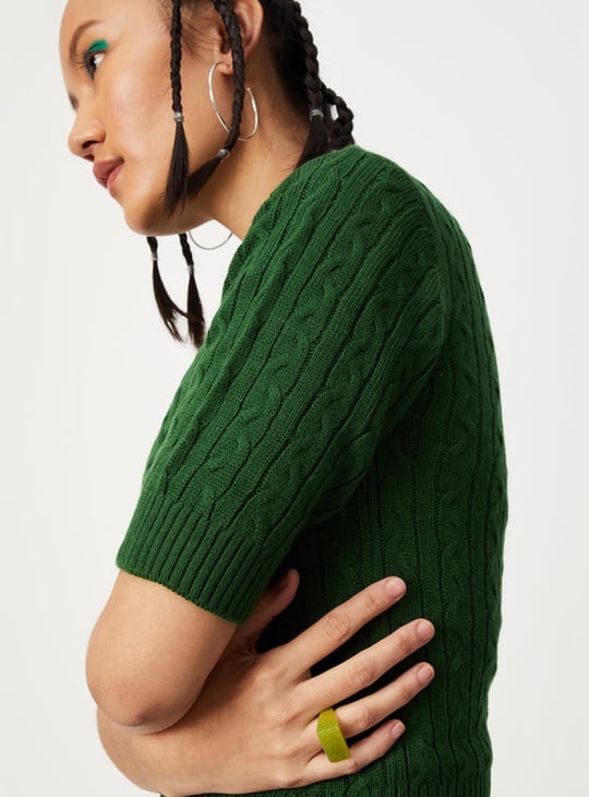 Women Cable Knit Polo Sweater Top