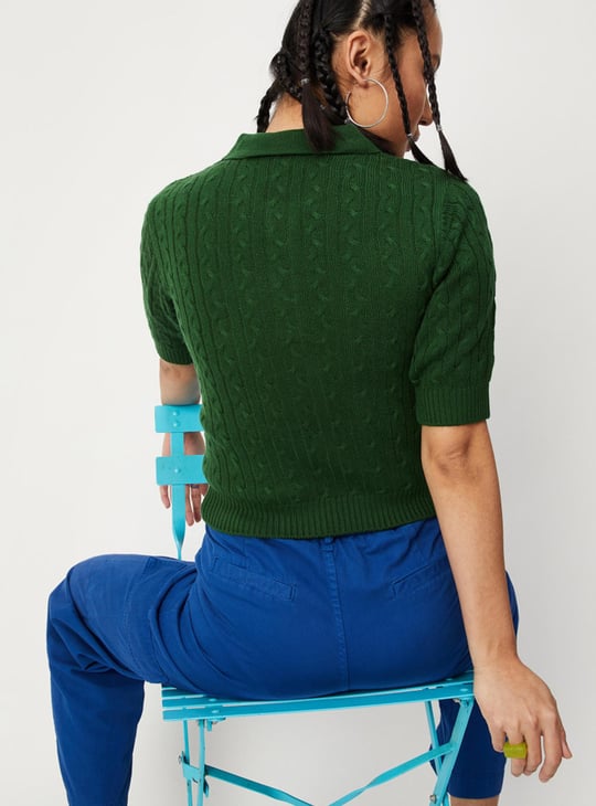 Women Cable Knit Polo Sweater Top