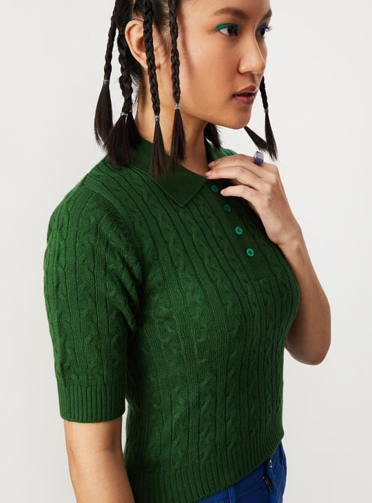 Women Cable Knit Polo Sweater Top