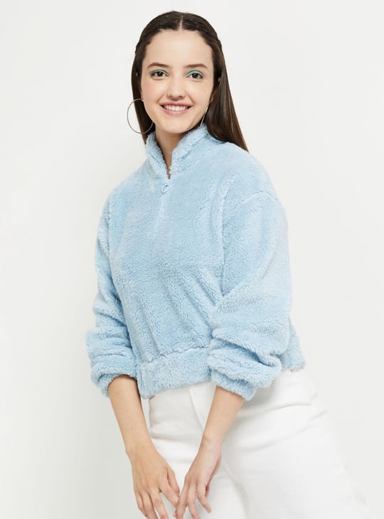 Women Textured Full Sleeves Zip Closure Cropped Sweatshirt