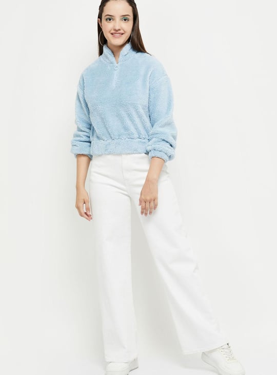 Women Textured Full Sleeves Zip Closure Cropped Sweatshirt