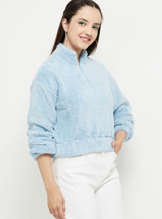 Women Textured Full Sleeves Zip Closure Cropped Sweatshirt