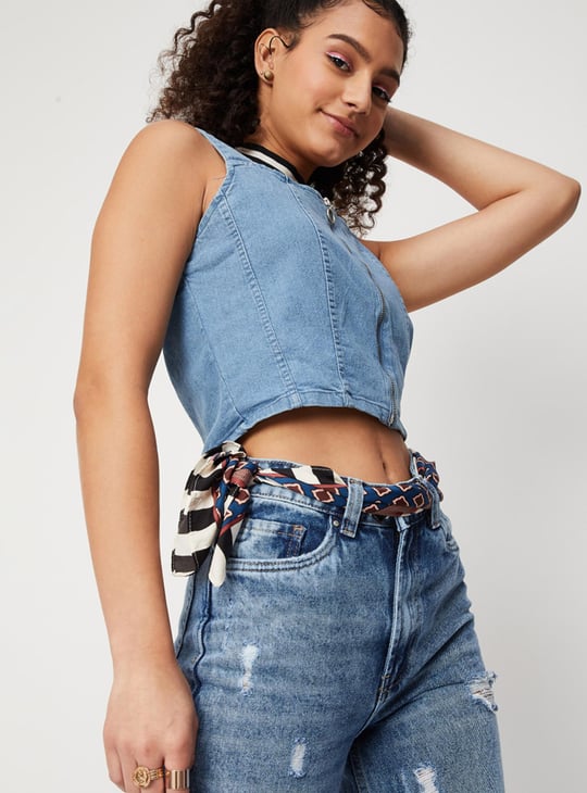 Women Solid Zip Closure Sleeveless Denim Bralette Top