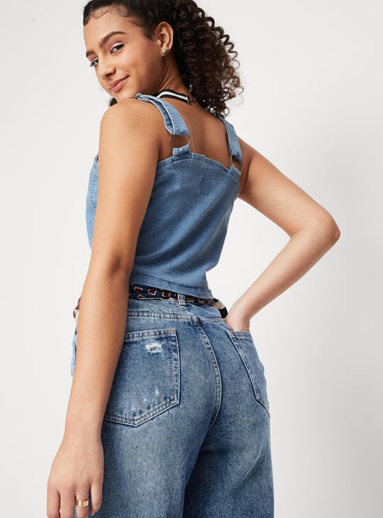 Women Solid Zip Closure Sleeveless Denim Bralette Top
