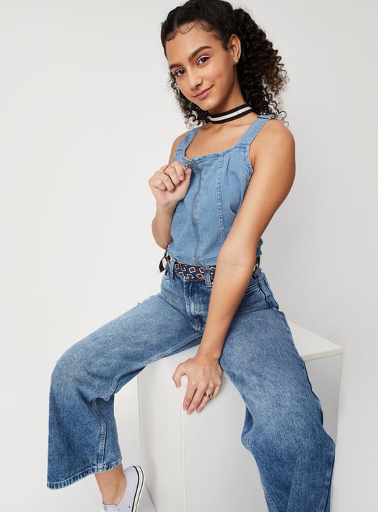 Women Solid Zip Closure Sleeveless Denim Bralette Top