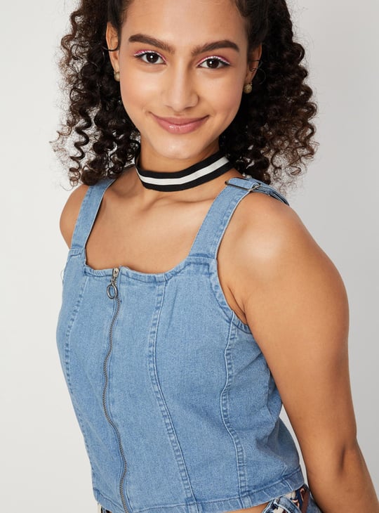 Women Solid Zip Closure Sleeveless Denim Bralette Top