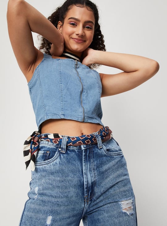 Women Solid Zip Closure Sleeveless Denim Bralette Top