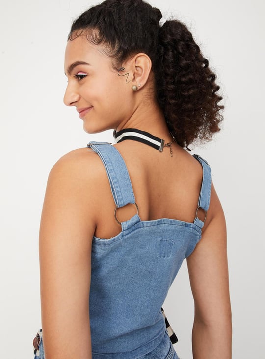 Women Solid Zip Closure Sleeveless Denim Bralette Top