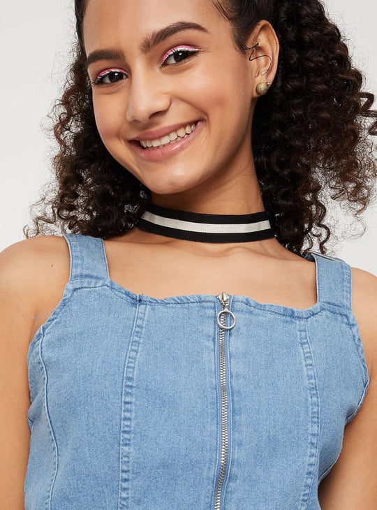Women Solid Zip Closure Sleeveless Denim Bralette Top