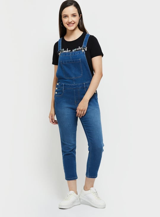Women Washed Cropped Denim Dungaree