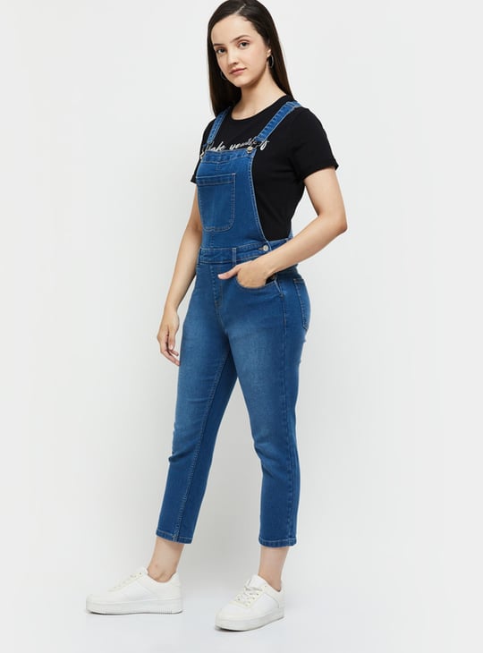 Women Washed Cropped Denim Dungaree