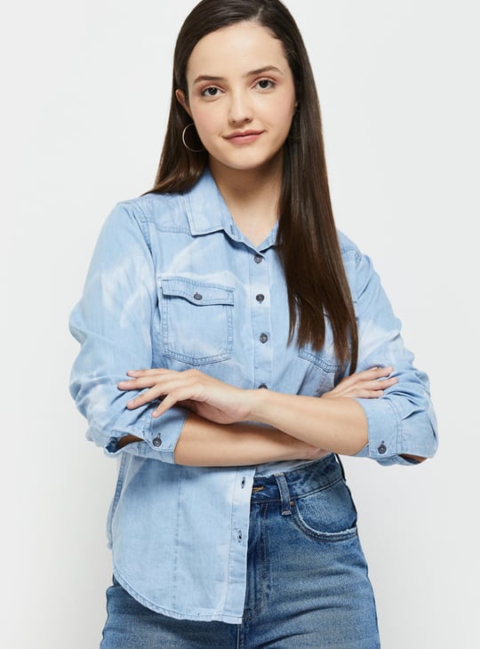 Women Washed Denim Shirt with Full Sleeves