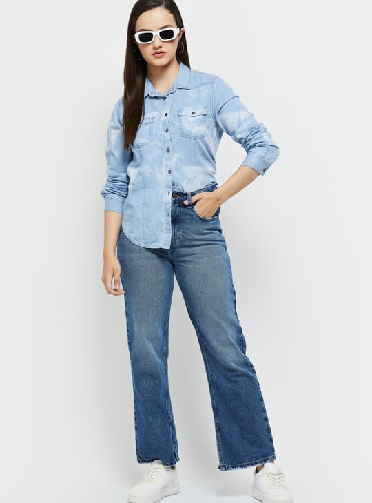 Women Washed Denim Shirt with Full Sleeves