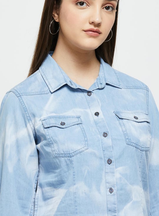 Women Washed Denim Shirt with Full Sleeves
