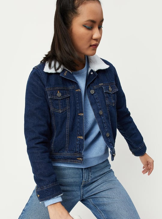 Women Solid Denim Crop Jacket with Faux Fur Collar