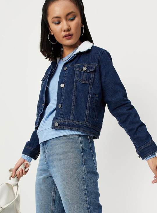 INSPIRE CHIC Women's Faux Fur Collar Fleece Lined Winter Thicken Denim Trucker Jacket Large Blue