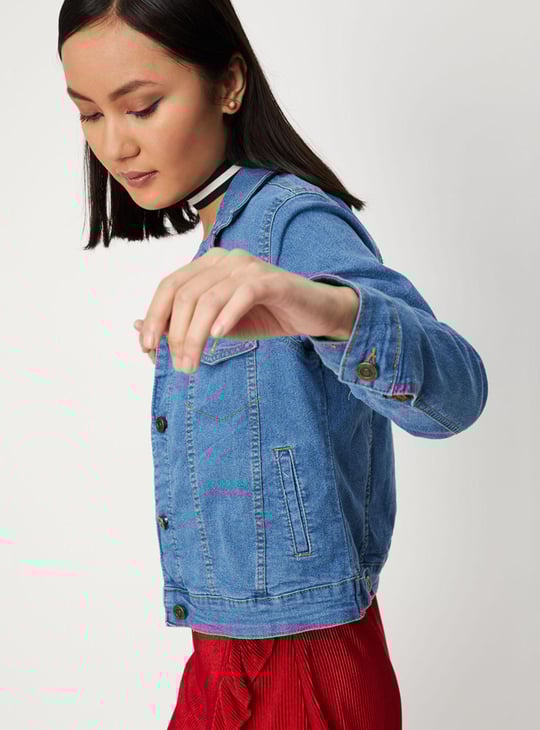 Women Solid Denim Trucker Jacket