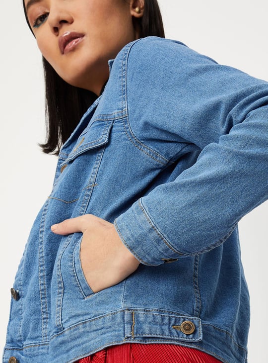 Women Solid Denim Trucker Jacket