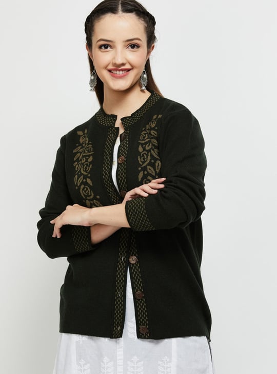 Women Jacquard Knit Cardigan with Band Collar