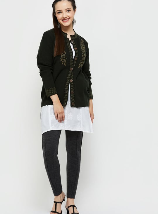 Women Jacquard Knit Cardigan with Band Collar