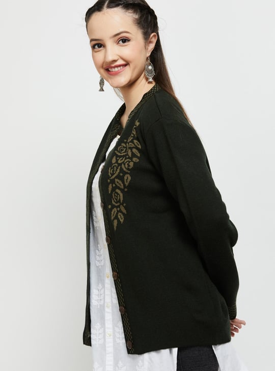 Women Jacquard Knit Cardigan with Band Collar