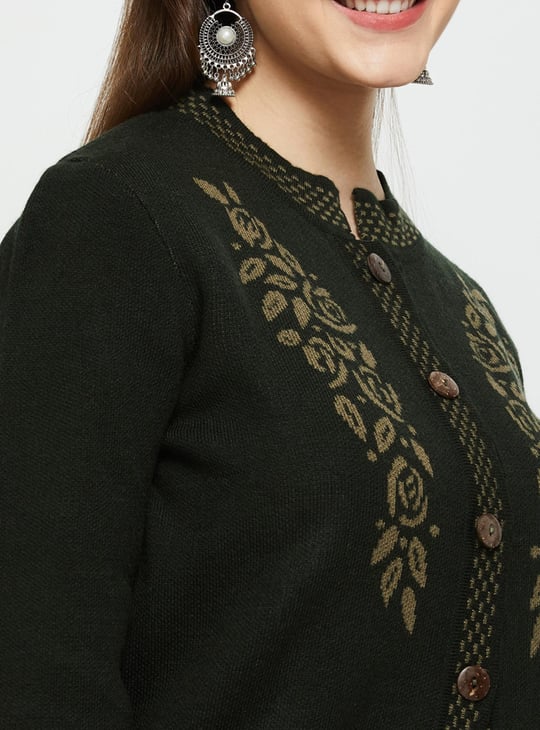 Women Jacquard Knit Cardigan with Band Collar