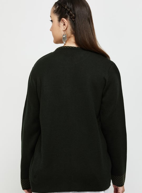 Women Jacquard Knit Cardigan with Band Collar