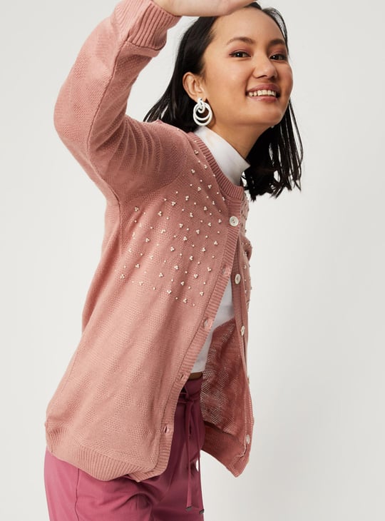 Buy Women Beaded Pointele Knit Cardigan Online at just Rs. 1199.0