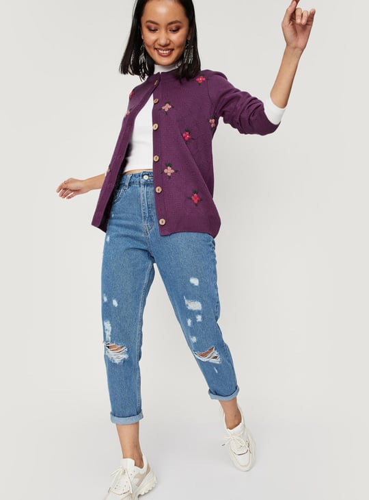 Women Floral Embroidered Buttoned Cardigan