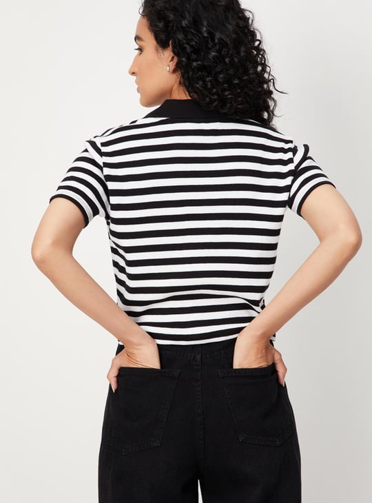 Women Striped Collared Half Sleeves Cropped T-shirt