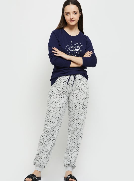 Women Printed T-shirt with Drawstring Waist Pyjamas