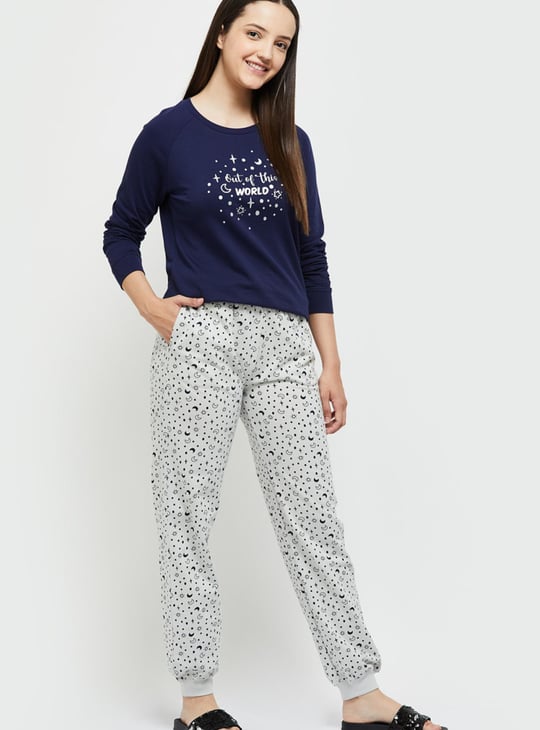 Women Printed T-shirt with Drawstring Waist Pyjamas
