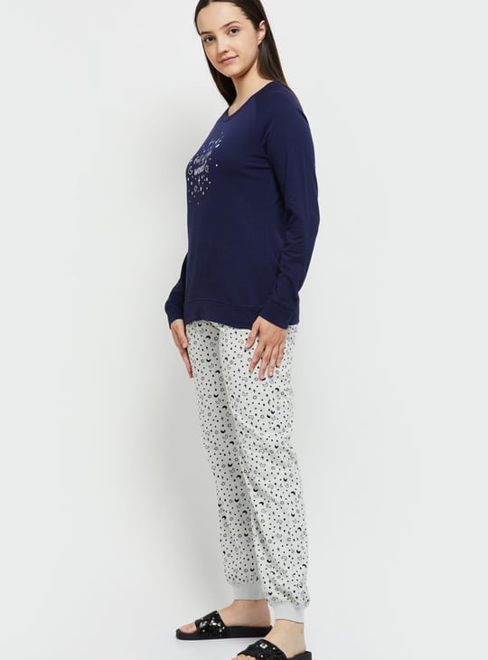 Women Printed T-shirt with Drawstring Waist Pyjamas