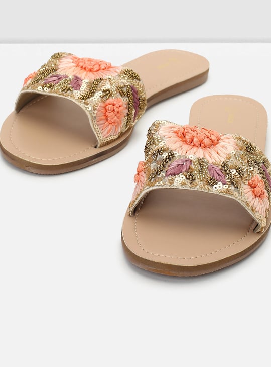 Women Beaded Flat Slide Sandals