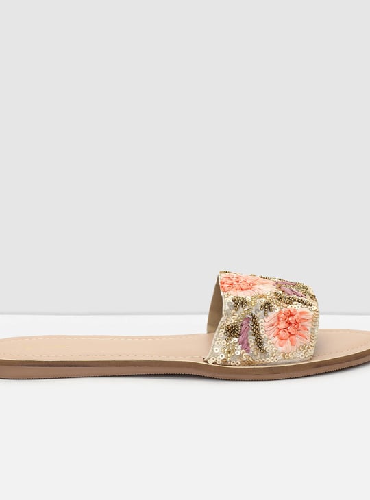 Women Beaded Flat Slide Sandals