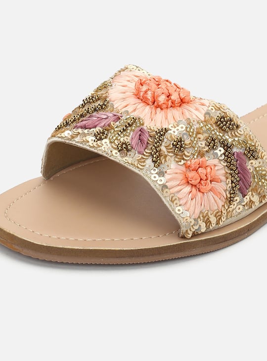 Women Beaded Flat Slide Sandals